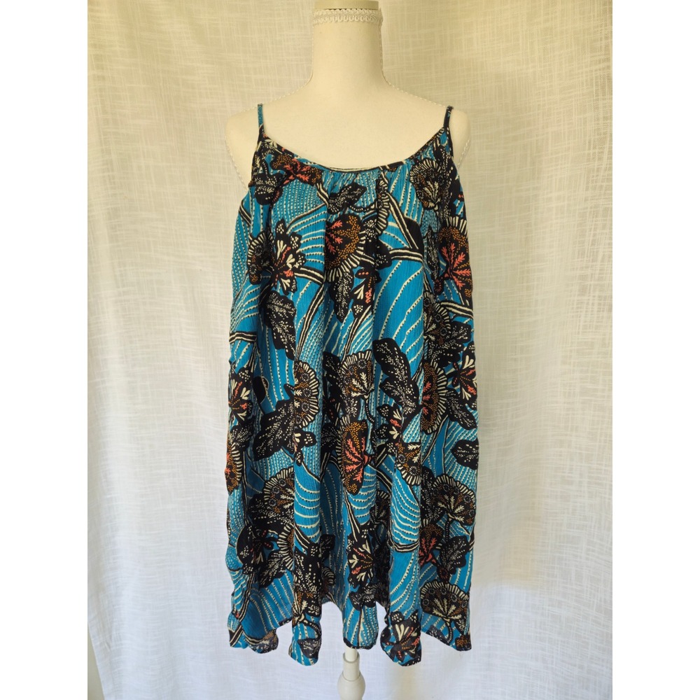 Anthropologie‎ Deja Plisse Tunic Dress Womens S Teal Floral Tropical Sundress